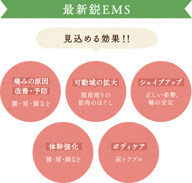 最新鋭EMS 見込める効果！！ 痛みの原因 改善・予防 腰・肩・膝など 可動域の拡大 関節周りの筋肉のほぐし シェイプアップ 正しい姿勢、軸の安定 体幹強化 腰・肩・膝など ボディケア 尿トラブル