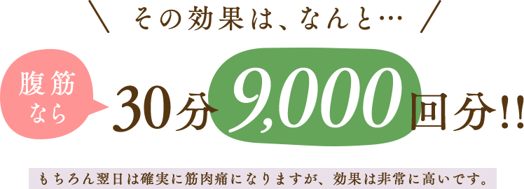 その効果は、なんと… 腹筋なら30分9,000回分!! もちろん翌日は確実に筋肉痛になりますが、効果は非常に高いです。