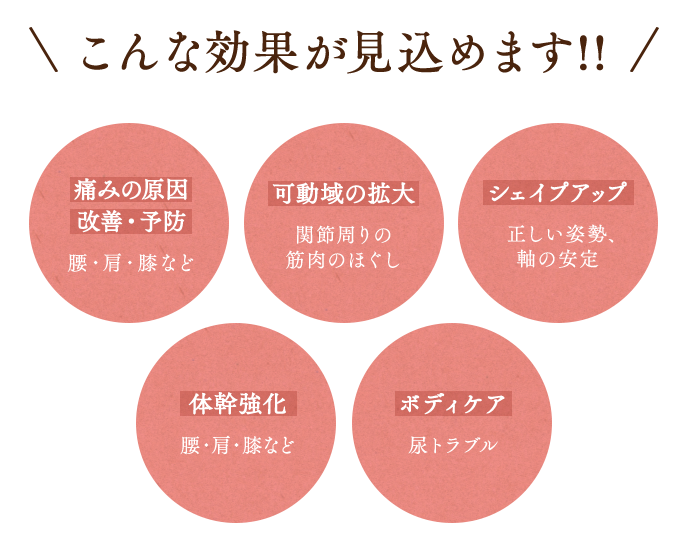 こんな効果が見込めます!! 痛みの原因 改善・予防 腰・肩・膝など 可動域の拡大 関節周りの筋肉のほぐし シェイプアップ 正しい姿勢、軸の安定 体幹強化 腰・肩・膝など ボディケア 尿トラブル